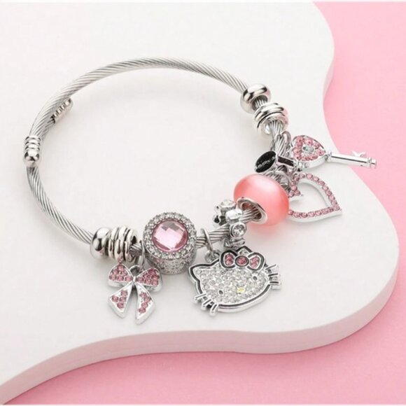 SANRIO Hello Kitty Silver & Pink Rhinestone Charm Bracelet BRAND-NEW & SO CUTE! - Picture 1 of 4